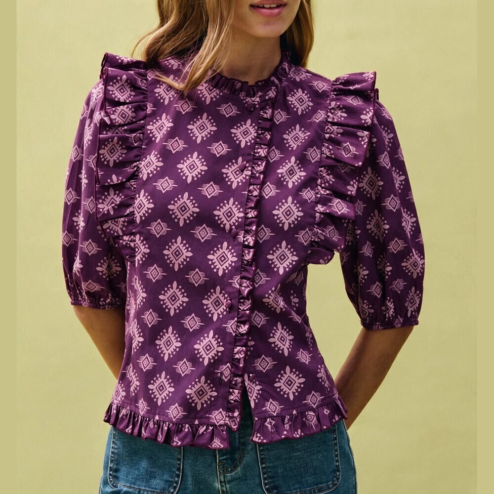 Purple Geometric Print Ruffle Trim Puff Sleeve Button Front Blouse